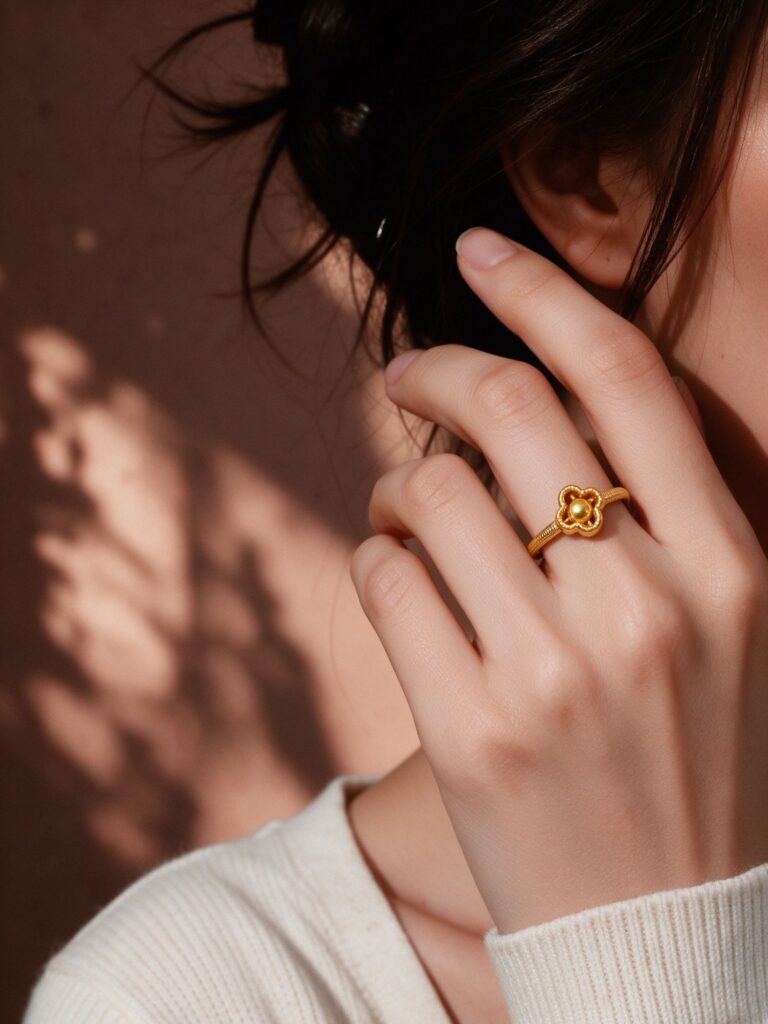 Lucky Four Leaf Clover Spinning Bead Ring Adjustable Gold Dainty Titanium Style