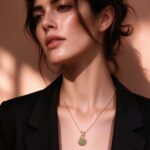 Green Jade Lucky Bag Pendant Necklace | 18K Gold Plated Stainless Steel Dainty Clavicle Chain - view 1