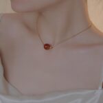 Cinnabar Red Bead Snake Bone Chain Necklace 18K Gold Plated Stainless Steel Dainty Clavicle Chain - view 2